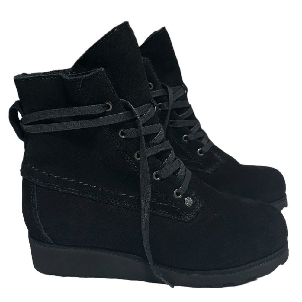 BearPaw Krista Cow Suede Wool Lined Boots Black Winter Boots Sheepskin Footbed